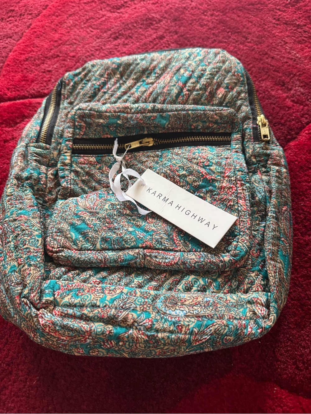 Karma Highway Teal Paisley Quilted Backpack